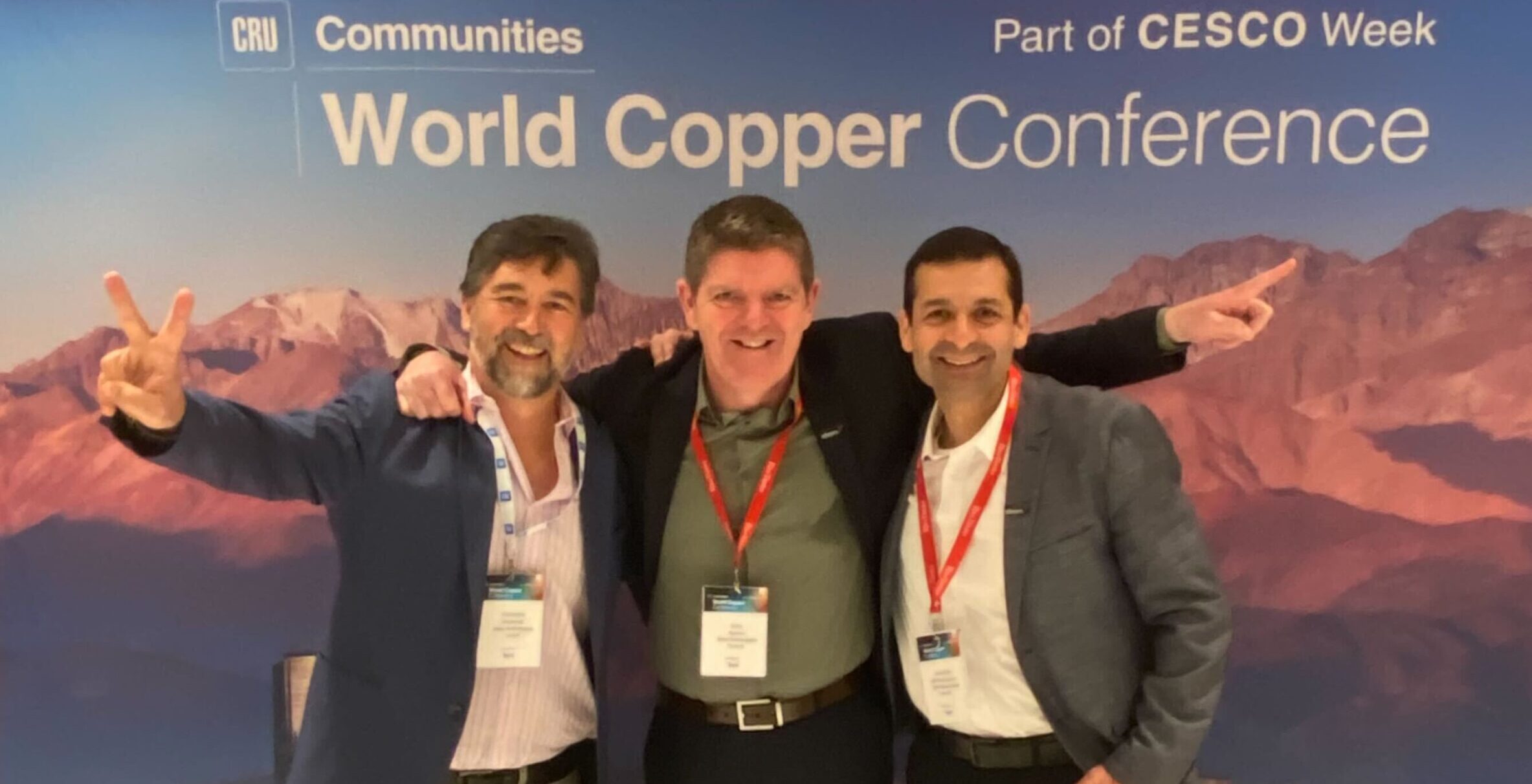 (L to R) Business Development Director (Latin America) Manfredo Manfredi, Co-Founder and CEO Gary Agnew, and Business Development Executive Juan Pablo Palacios represent Ideon Technologies in Santiago at the World Copper Conference in Santiago, April 2026.